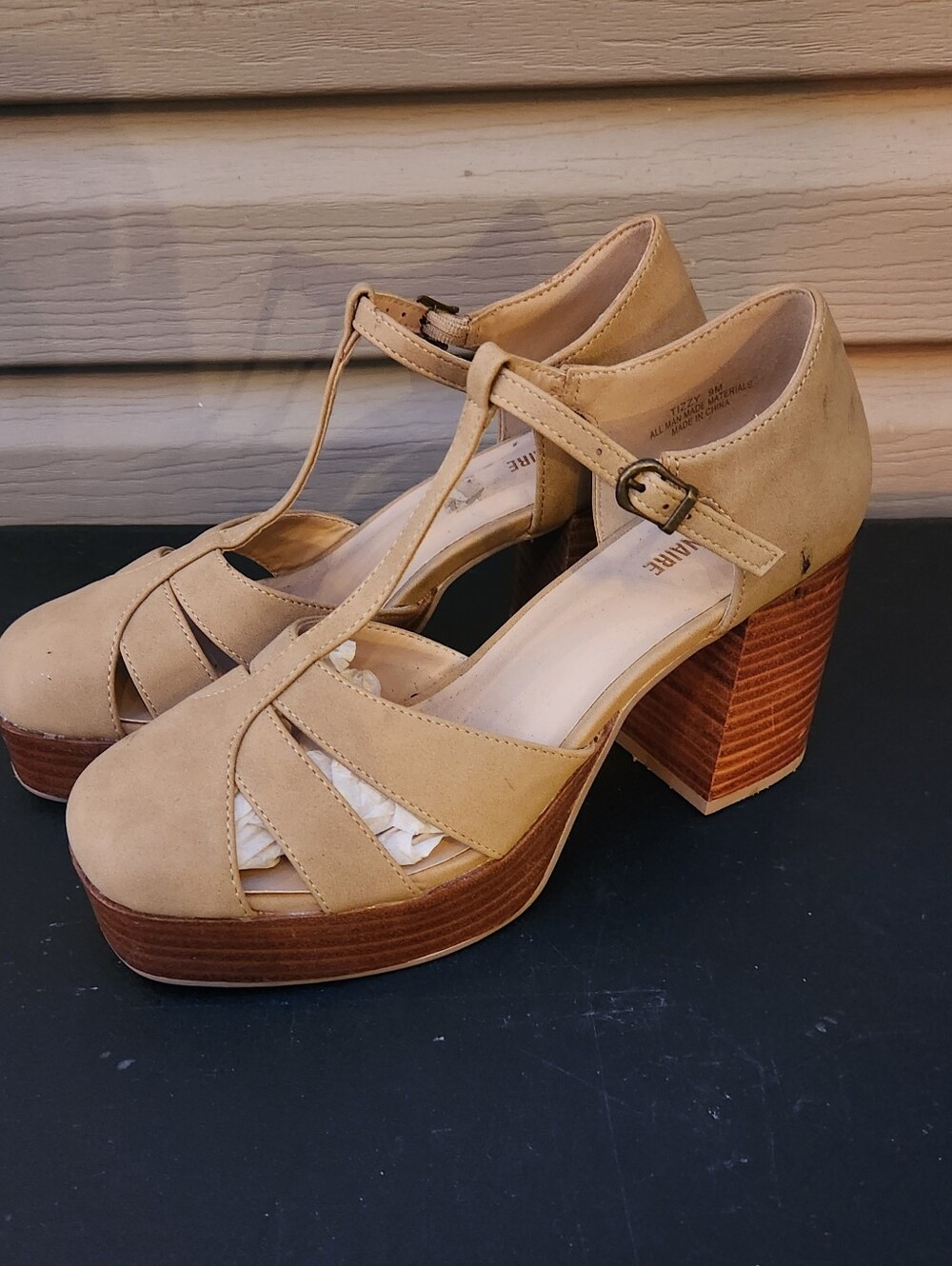 CUSHIONAIRE Tizzy Mary Jane Platform Heeled Sandals Tan Microsuede - Size 9M